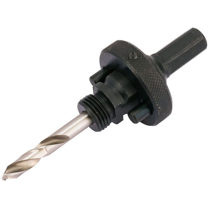 Black Draper Quick Release Hex. Shank Holesaw Arbor with HSS Pilot Drill