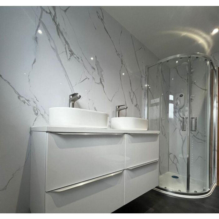 Storm Carrara Marble 10mm Solid Core Bathroom Cladding Panel - 2.4m x 1m