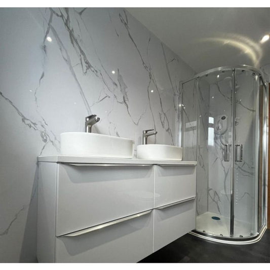 Storm Carrara Marble 10mm Solid Core Bathroom Cladding Panel - 2.4m x 1m